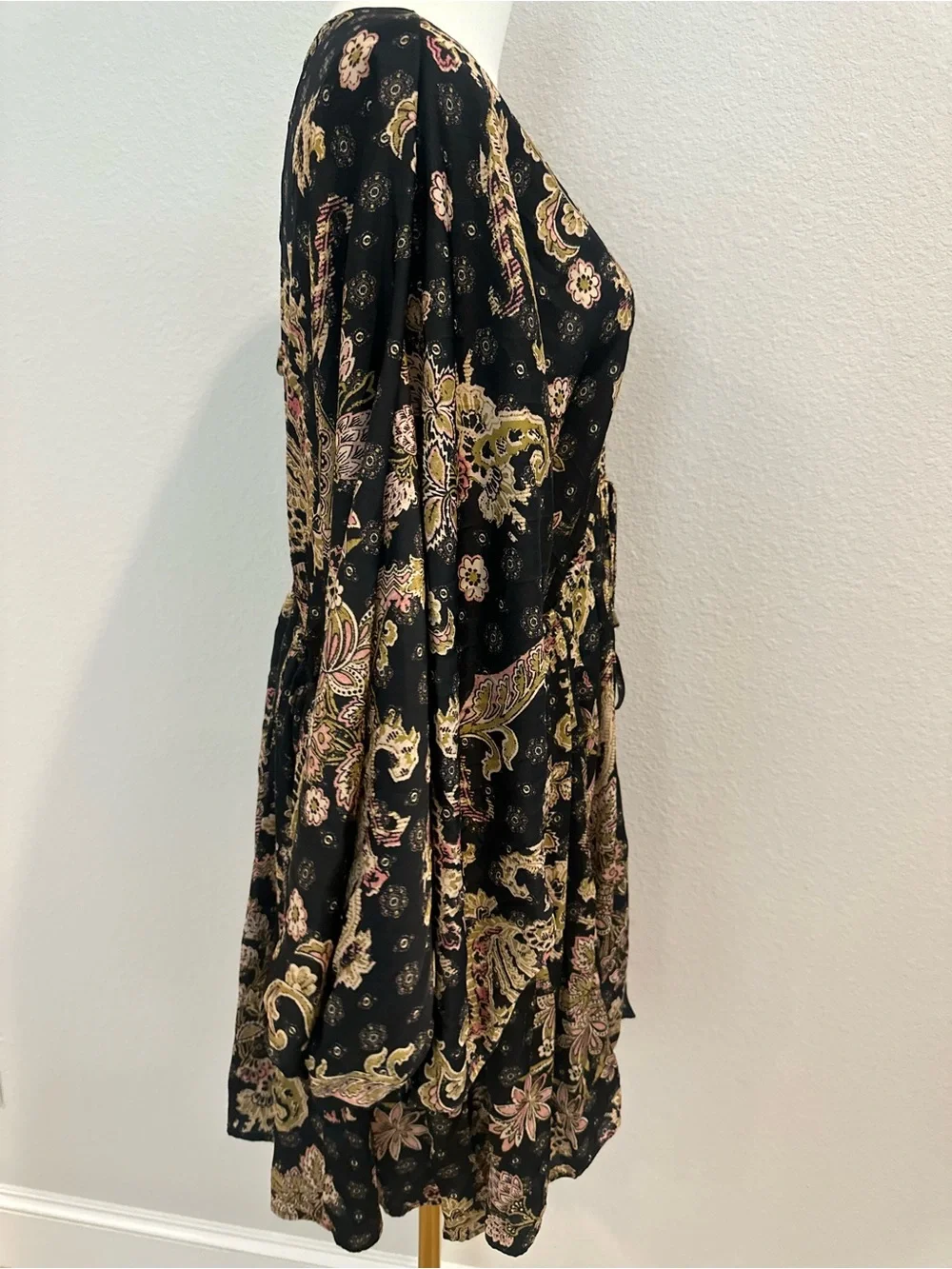 Free People Arzel Paisley Mini Dress Black Boho Balloon Sleeve S